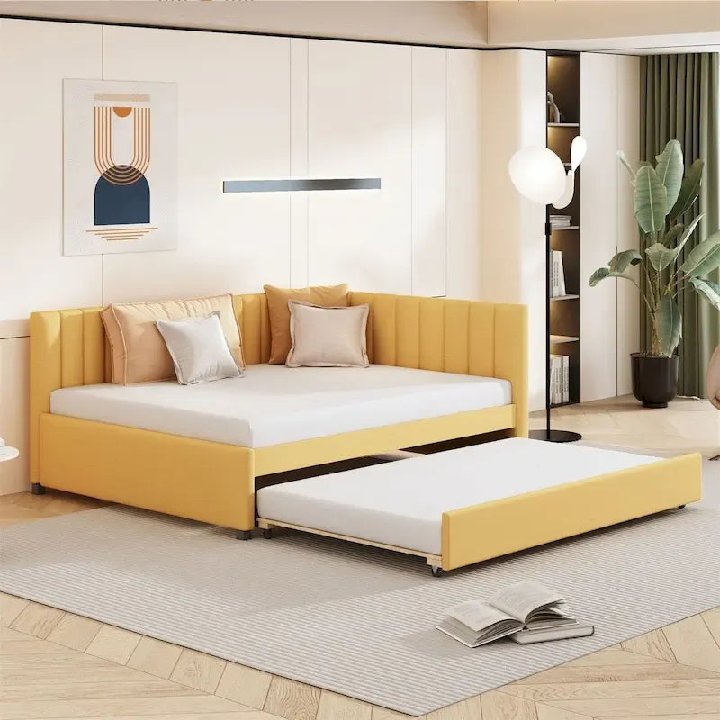 Lit de repos rembourré pleine taille gris/rose/jaune/beige avec lit gigogne double, 2 couchages