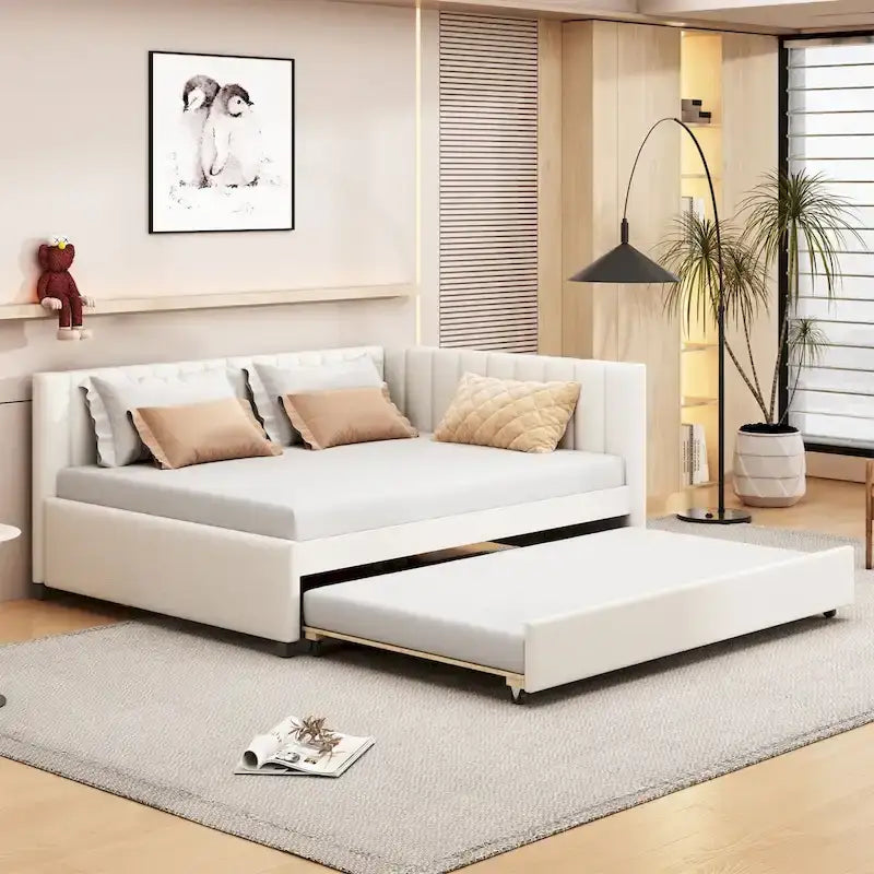 Lit de repos rembourré pleine taille gris/rose/jaune/beige avec lit gigogne double, 2 couchages
