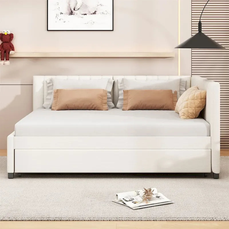 Lit de repos rembourré pleine taille gris/rose/jaune/beige avec lit gigogne double, 2 couchages