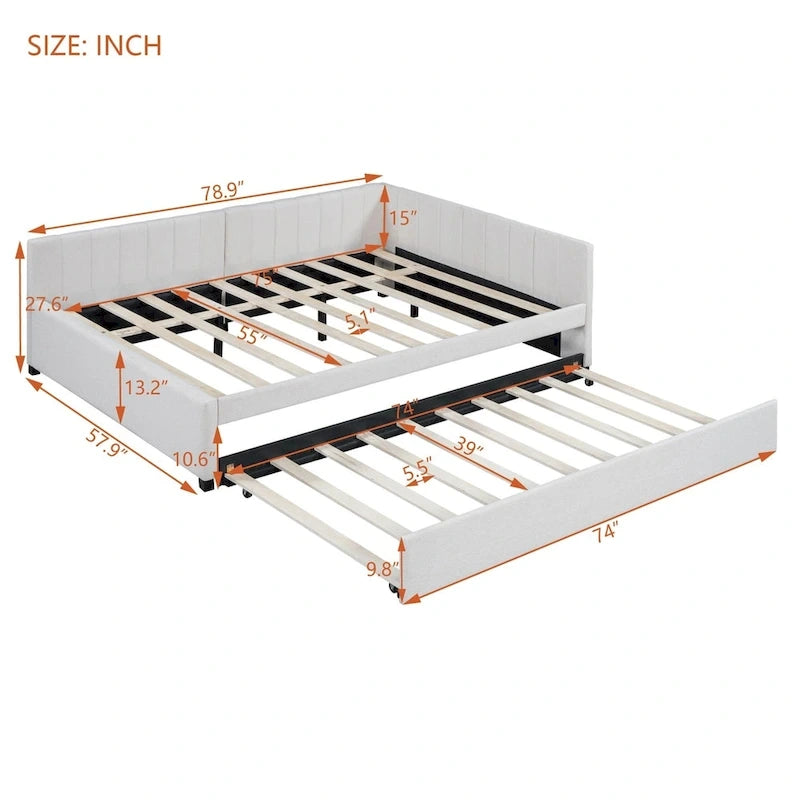 Lit de repos rembourré pleine taille gris/rose/jaune/beige avec lit gigogne double, 2 couchages