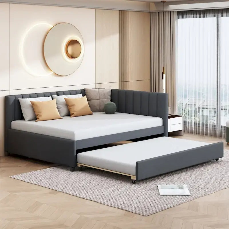 Lit de repos rembourré pleine taille gris/rose/jaune/beige avec lit gigogne double, 2 couchages