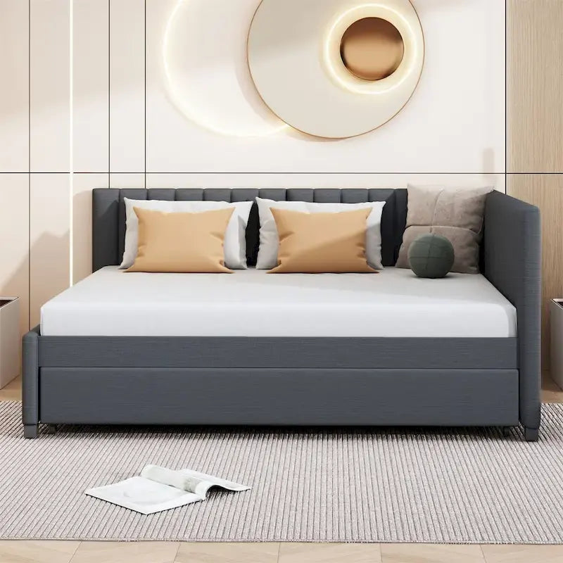 Lit de repos rembourré pleine taille gris/rose/jaune/beige avec lit gigogne double, 2 couchages