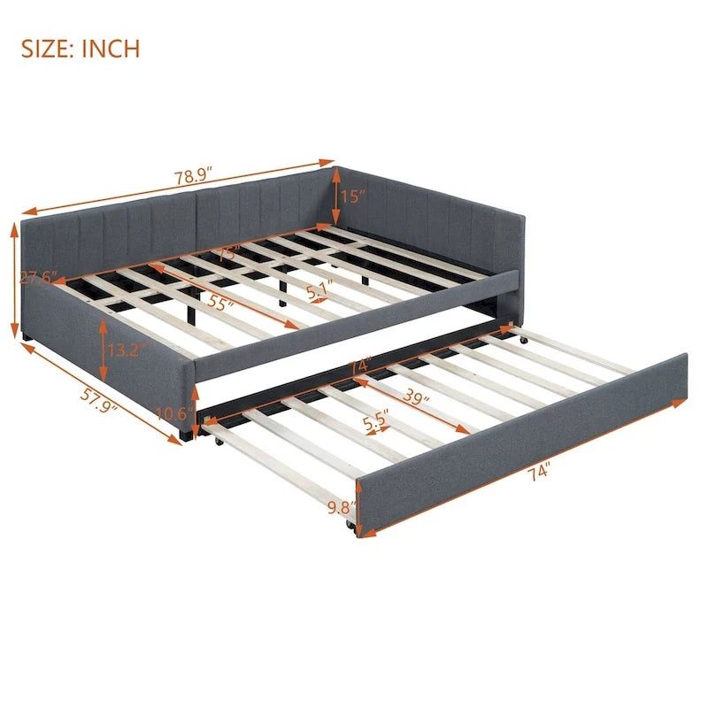 Lit de repos rembourré pleine taille gris/rose/jaune/beige avec lit gigogne double, 2 couchages