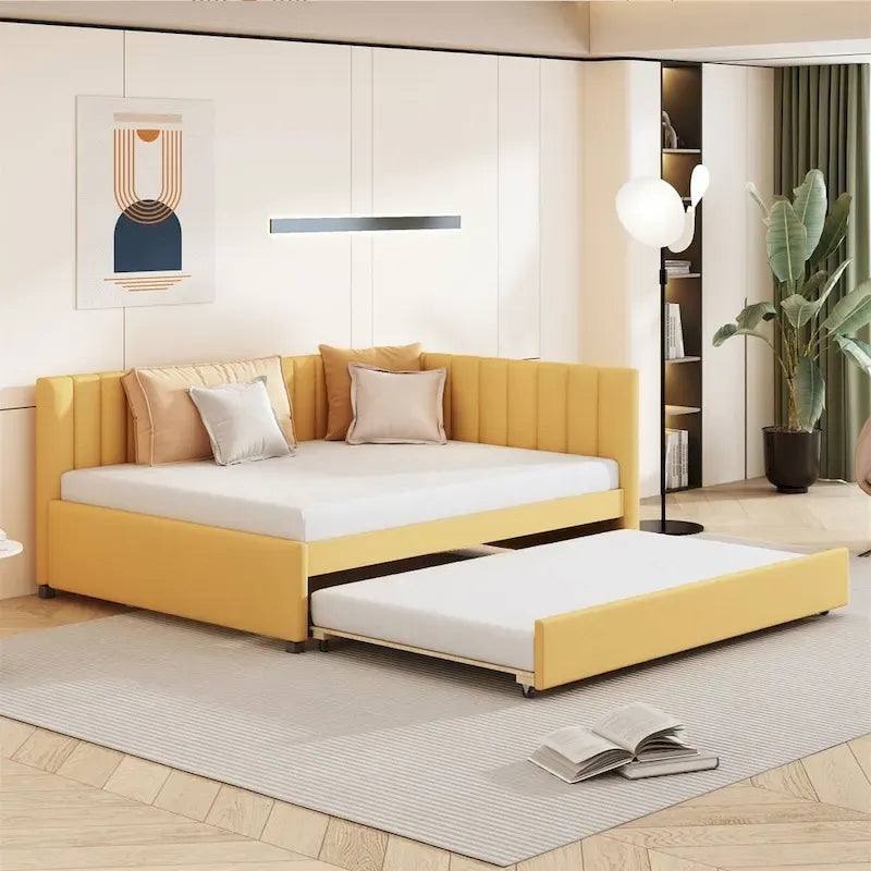 Lit de repos rembourré pleine taille gris/rose/jaune/beige avec lit gigogne double, 2 couchages