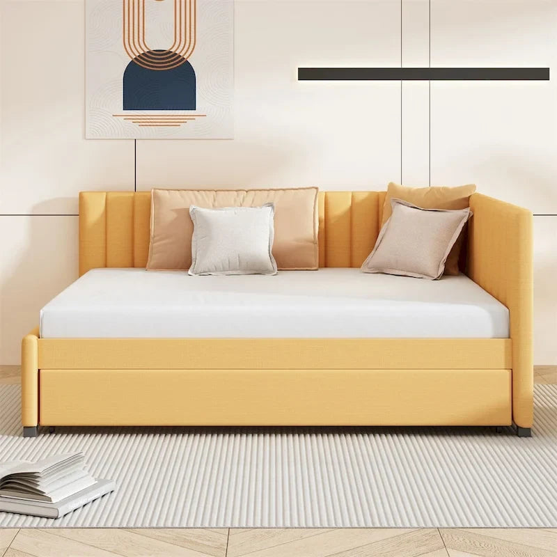 Lit de repos rembourré pleine taille gris/rose/jaune/beige avec lit gigogne double, 2 couchages