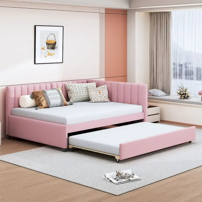 Lit de repos rembourré pleine taille gris/rose/jaune/beige avec lit gigogne double, 2 couchages