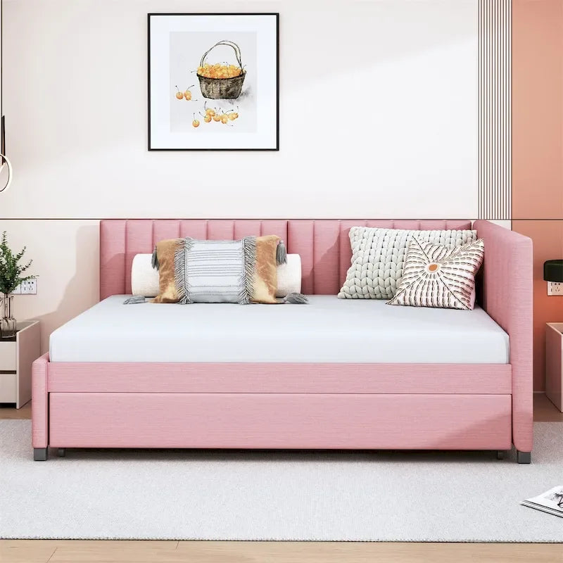 Lit de repos rembourré pleine taille gris/rose/jaune/beige avec lit gigogne double, 2 couchages