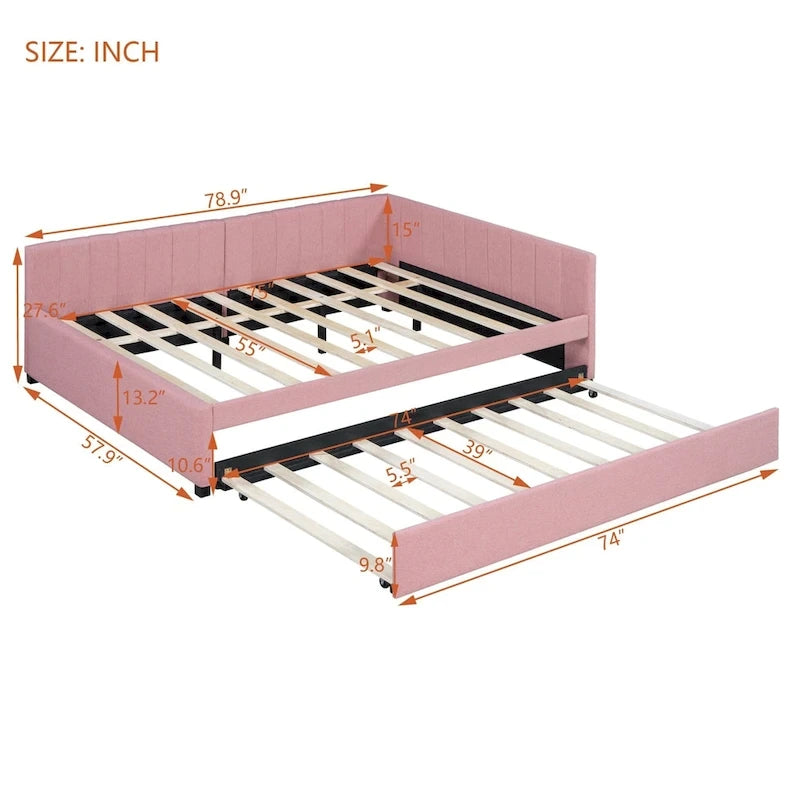 Lit de repos rembourré pleine taille gris/rose/jaune/beige avec lit gigogne double, 2 couchages