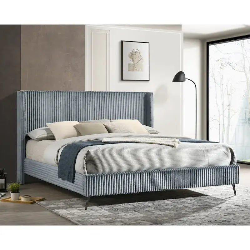 Lit capitonné avec tête de lit à oreilles en velours côtelé bleu/crème – Très grand (1 personne)