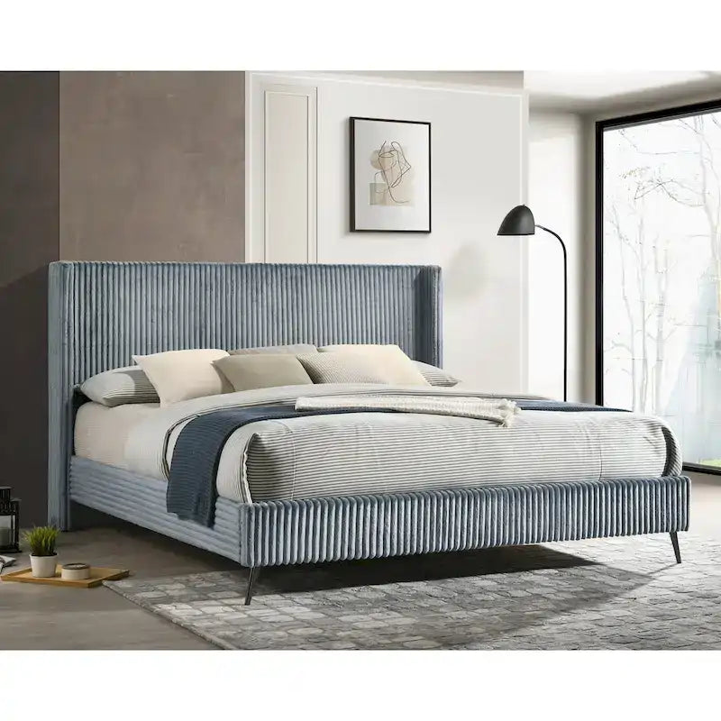 Lit capitonné avec tête de lit à oreilles en velours côtelé bleu/crème – Très grand (1 personne)
