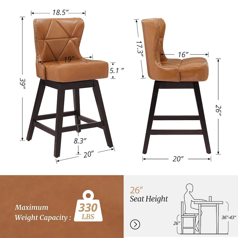 Tabouret de comptoir mi-siècle de 66 cm, similicuir pivotant, lot de 4 (gris / bleu foncé / marron foncé / noir / blanc cassé / gris foncé / marron whisky)