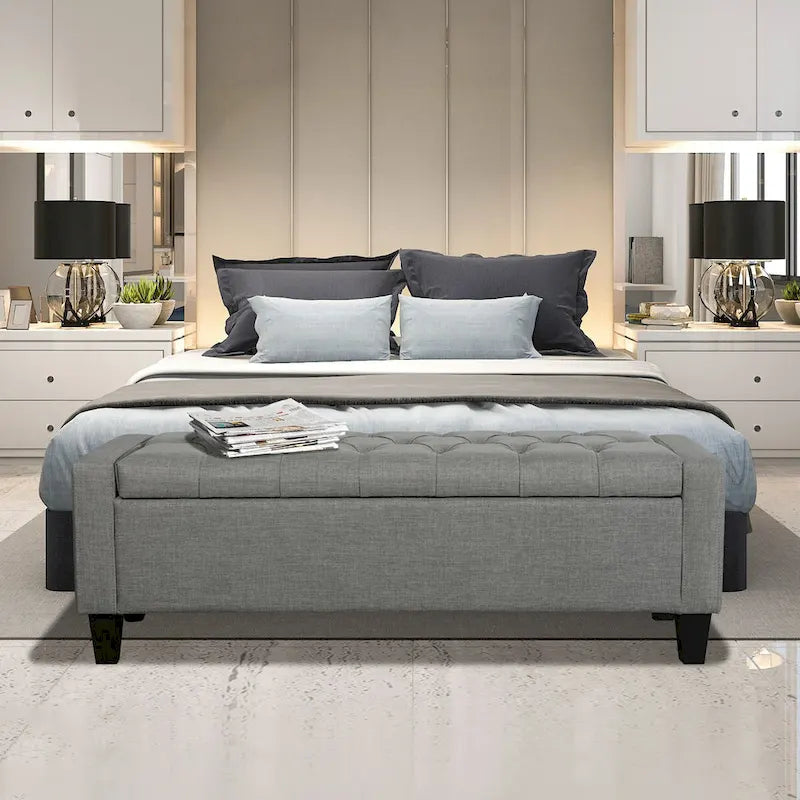 Banc de rangement en tissu capitonné – Beige / Gris / Gris foncé, 2 places