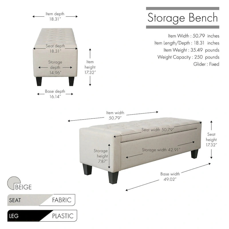Banc de rangement en tissu capitonné – Beige / Gris / Gris foncé, 2 places