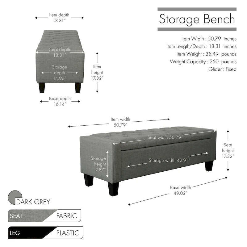 Banc de rangement en tissu capitonné – Beige / Gris / Gris foncé, 2 places