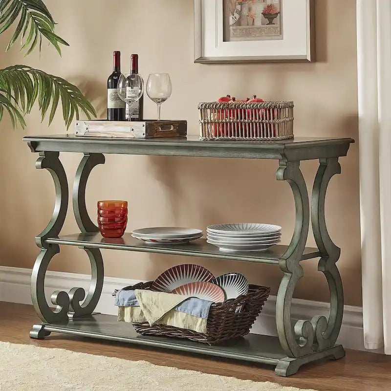 Console de canapé 3 niveaux en bois sculpté – Chêne, Vert sauge, Noir, Rouge, Blanc