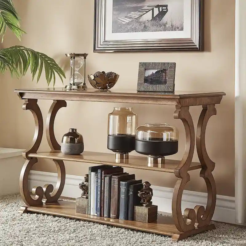 Console de canapé 3 niveaux en bois sculpté – Chêne, Vert sauge, Noir, Rouge, Blanc