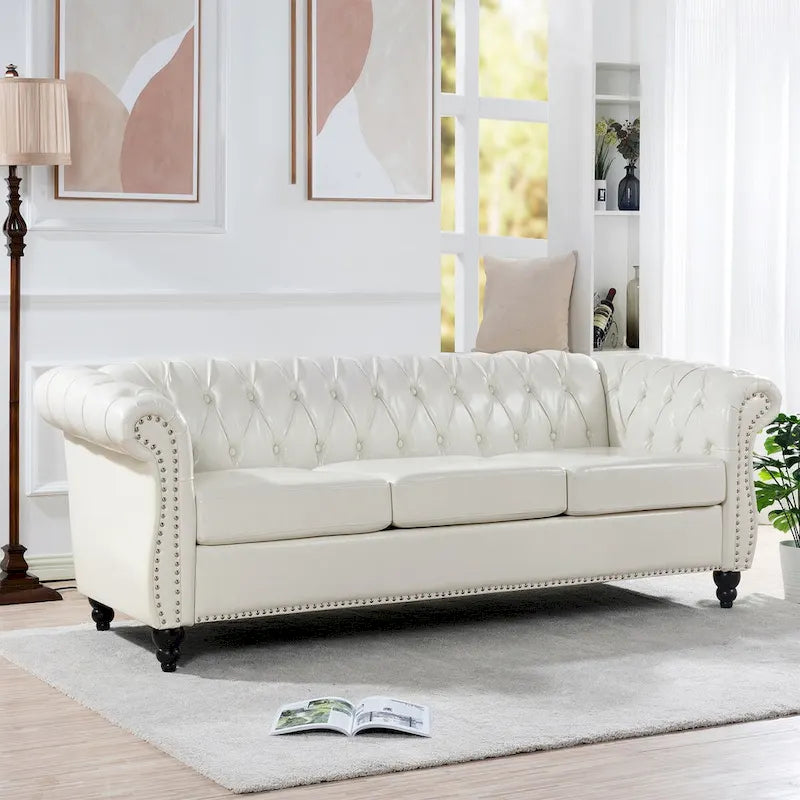 Canapé Chesterfield 3 places en similicuir crème
