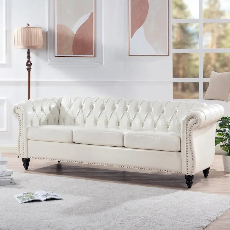 Canapé Chesterfield 3 places en similicuir crème