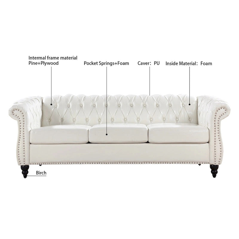 Canapé Chesterfield 3 places en similicuir crème