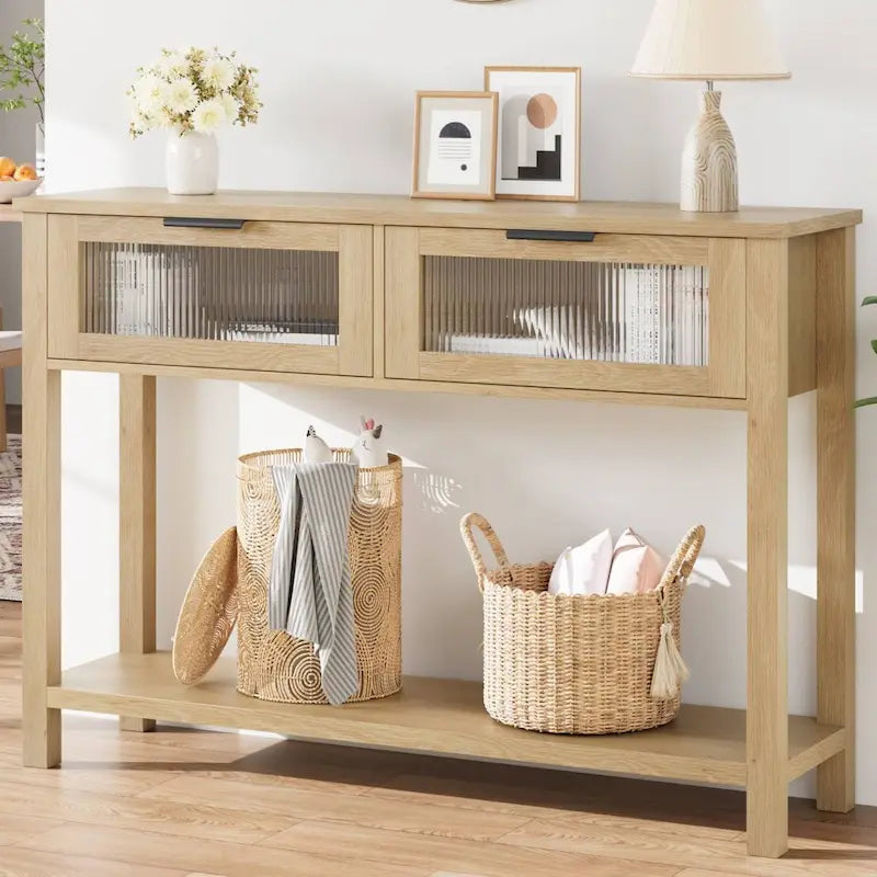Console beige/marron avec 2 tiroirs | Table d'entrée et de canapé de 110 cm