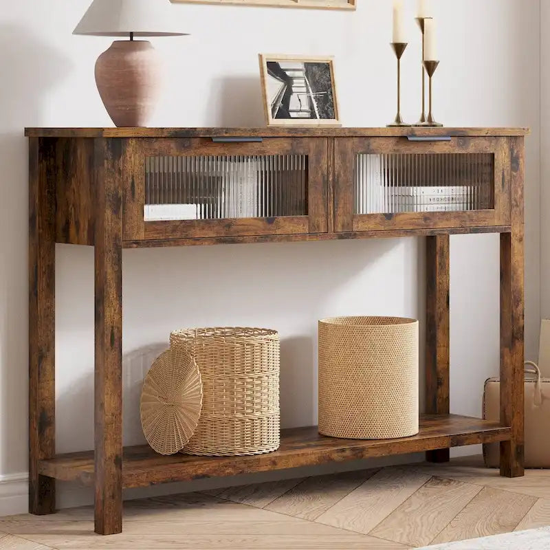 Console beige/marron avec 2 tiroirs | Table d'entrée et de canapé de 110 cm
