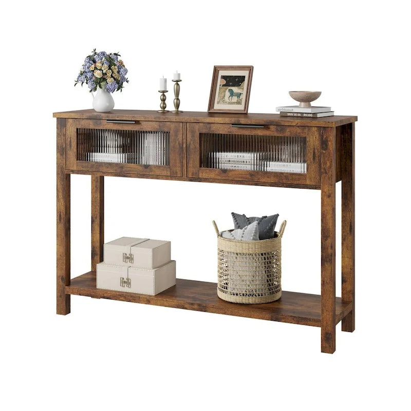 Console beige/marron avec 2 tiroirs | Table d'entrée et de canapé de 110 cm