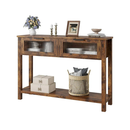 Console beige/marron avec 2 tiroirs | Table d'entrée et de canapé de 110 cm
