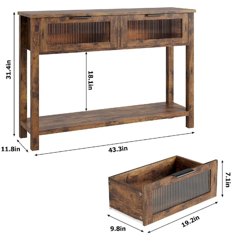 Console beige/marron avec 2 tiroirs | Table d'entrée et de canapé de 110 cm
