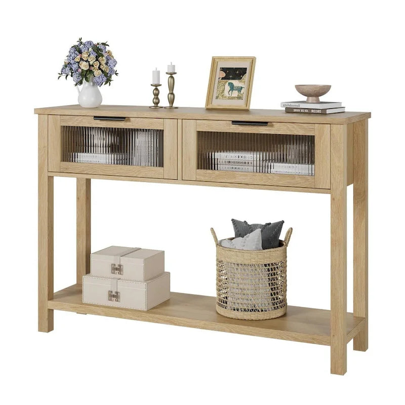 Console beige/marron avec 2 tiroirs | Table d'entrée et de canapé de 110 cm
