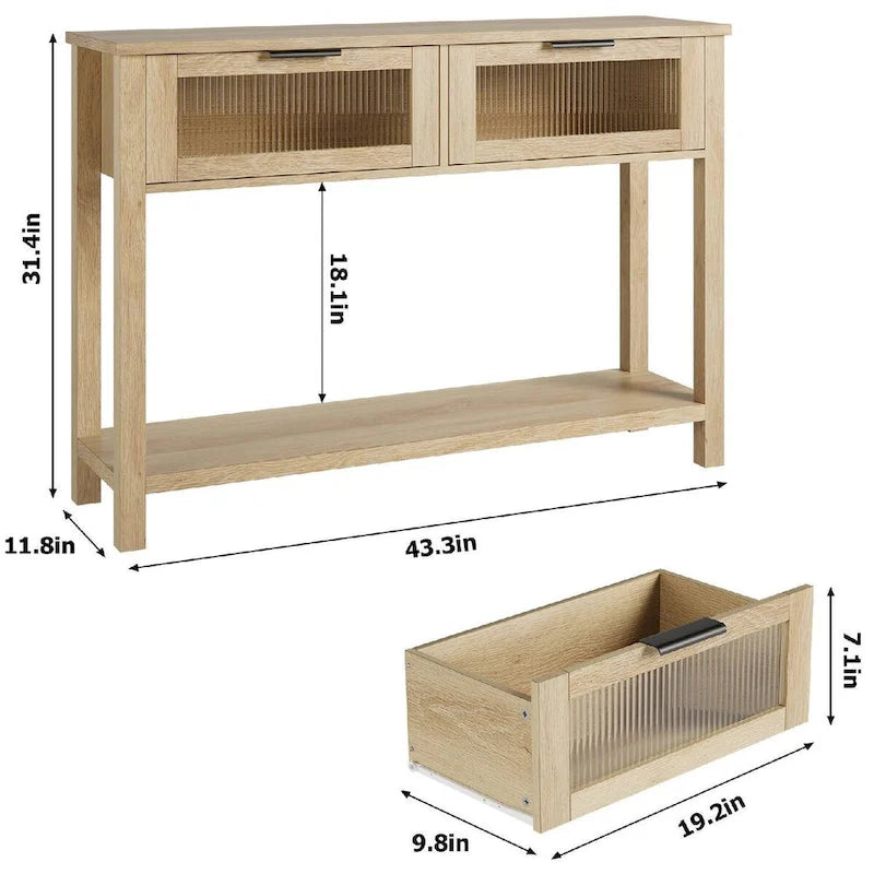 Console beige/marron avec 2 tiroirs | Table d'entrée et de canapé de 110 cm