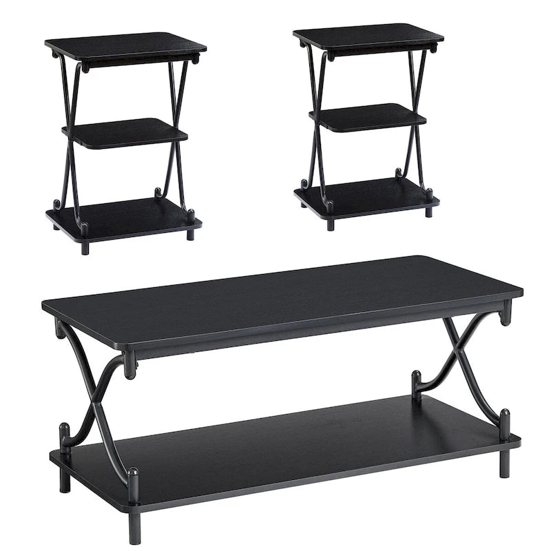 Ensemble de 3 tables basses industrielles (1 table basse et 2 tables d'appoint) noires, marron, blanches et dorées – MDF et métal à piétement en X