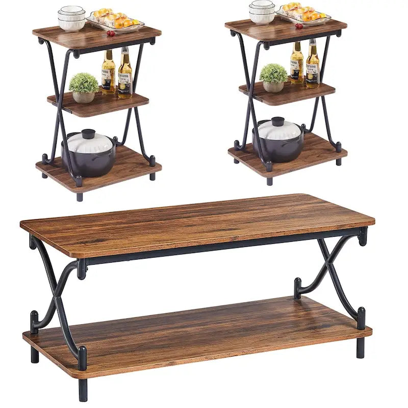 Ensemble de 3 tables basses industrielles (1 table basse et 2 tables d'appoint) noires, marron, blanches et dorées – MDF et métal à piétement en X