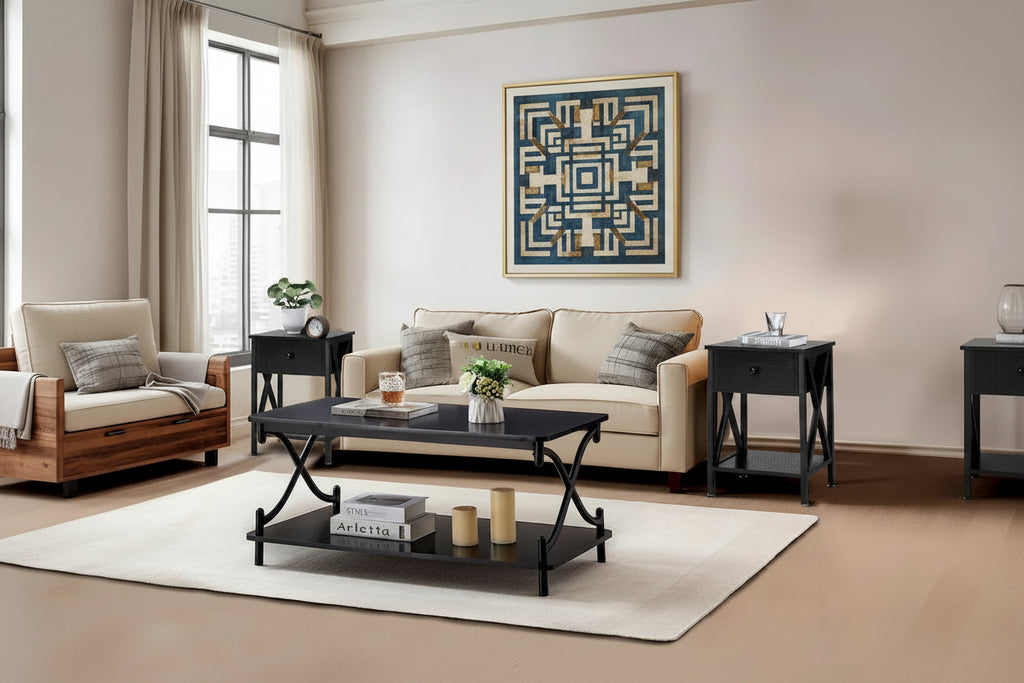 Ensemble de 3 tables basses industrielles (1 table basse et 2 tables d'appoint) noires, marron, blanches et dorées – MDF et métal à piétement en X
