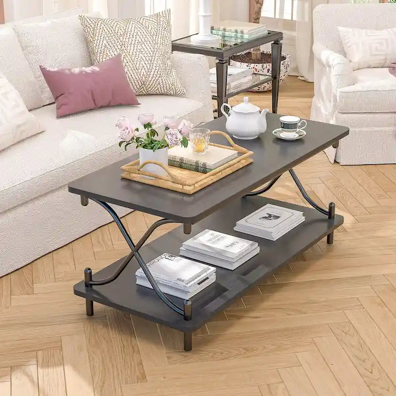 Ensemble de 3 tables basses industrielles (1 table basse et 2 tables d'appoint) noires, marron, blanches et dorées – MDF et métal à piétement en X