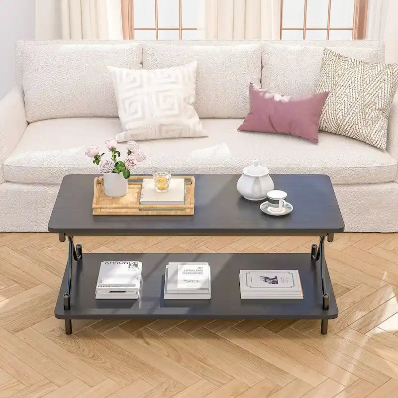 Ensemble de 3 tables basses industrielles (1 table basse et 2 tables d'appoint) noires, marron, blanches et dorées – MDF et métal à piétement en X