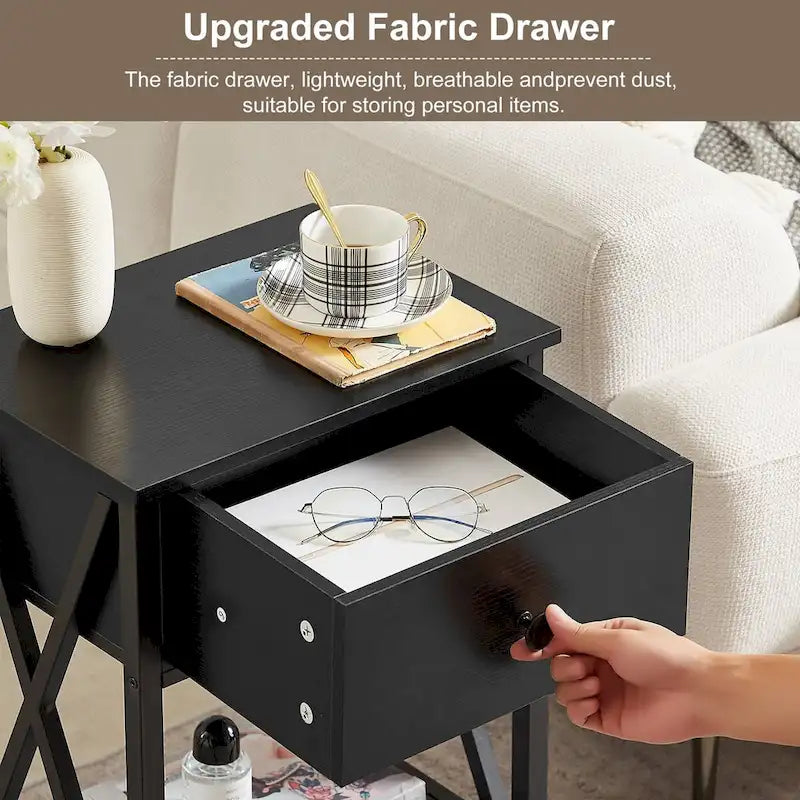 Ensemble de 3 tables basses industrielles (1 table basse et 2 tables d'appoint) noires, marron, blanches et dorées – MDF et métal à piétement en X