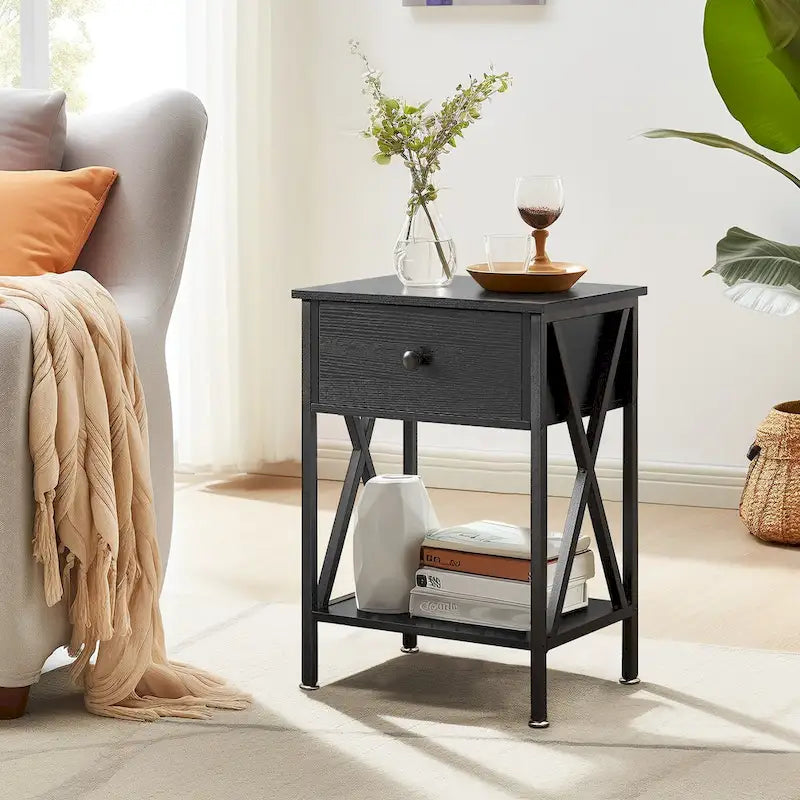 Ensemble de 3 tables basses industrielles (1 table basse et 2 tables d'appoint) noires, marron, blanches et dorées – MDF et métal à piétement en X