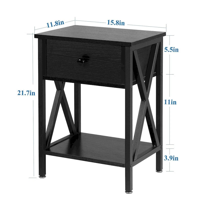 Ensemble de 3 tables basses industrielles (1 table basse et 2 tables d'appoint) noires, marron, blanches et dorées – MDF et métal à piétement en X