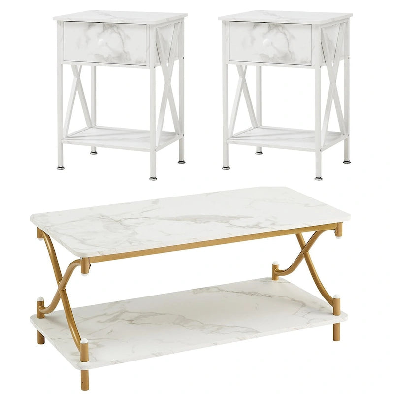 Ensemble de 3 tables basses industrielles (1 table basse et 2 tables d'appoint) noires, marron, blanches et dorées – MDF et métal à piétement en X