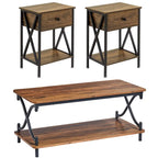 Ensemble de 3 tables basses industrielles (1 table basse et 2 tables d'appoint) noires, marron, blanches et dorées – MDF et métal à piétement en X