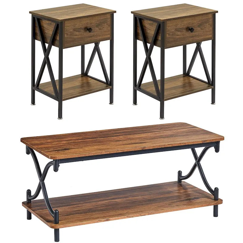 Ensemble de 3 tables basses industrielles (1 table basse et 2 tables d'appoint) noires, marron, blanches et dorées – MDF et métal à piétement en X