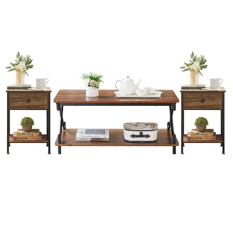 Ensemble de 3 tables basses industrielles (1 table basse et 2 tables d'appoint) noires, marron, blanches et dorées – MDF et métal à piétement en X