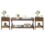 Ensemble de 3 tables basses industrielles (1 table basse et 2 tables d'appoint) noires, marron, blanches et dorées – MDF et métal à piétement en X