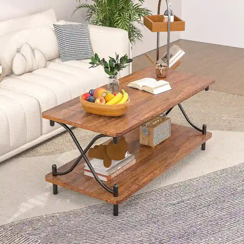 Ensemble de 3 tables basses industrielles (1 table basse et 2 tables d'appoint) noires, marron, blanches et dorées – MDF et métal à piétement en X