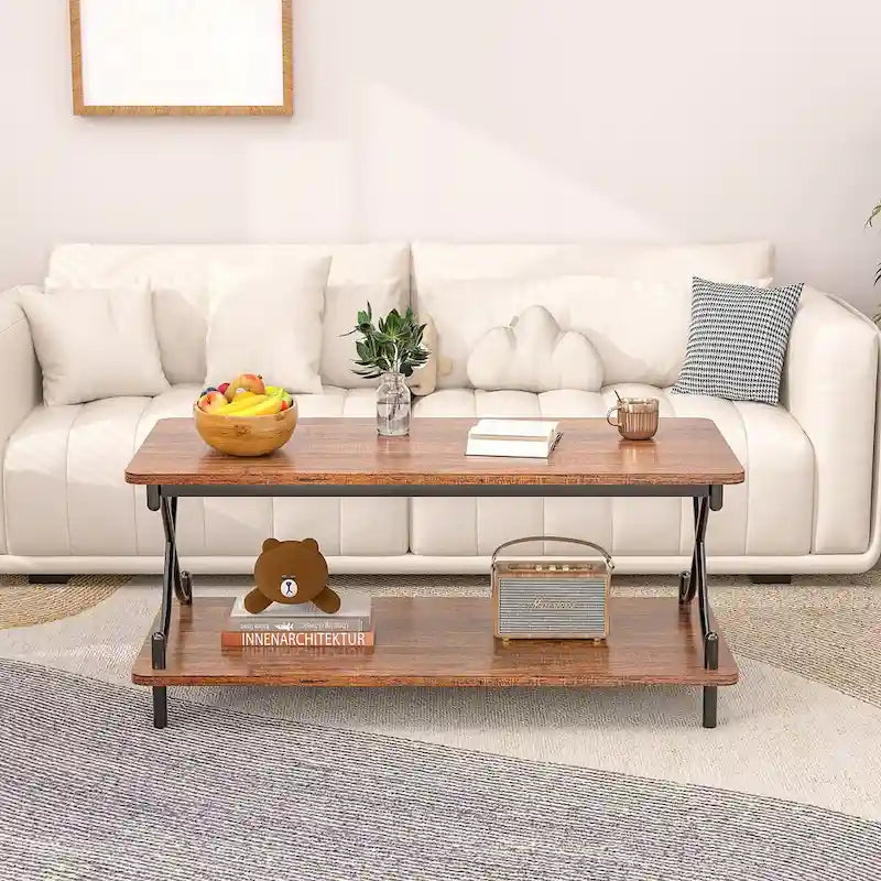 Ensemble de 3 tables basses industrielles (1 table basse et 2 tables d'appoint) noires, marron, blanches et dorées – MDF et métal à piétement en X