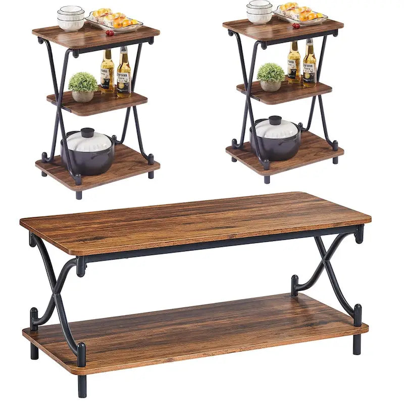 Ensemble de 3 tables basses industrielles (1 table basse et 2 tables d'appoint) noires, marron, blanches et dorées – MDF et métal à piétement en X