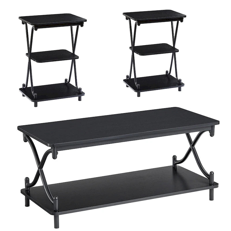 Ensemble de 3 tables basses industrielles (1 table basse et 2 tables d'appoint) noires, marron, blanches et dorées – MDF et métal à piétement en X