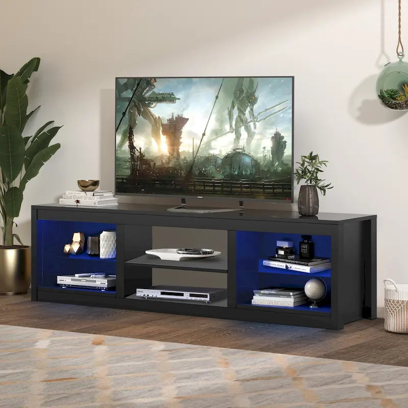 Meuble TV console avec étagères, Noir/Blanc, 168 cm, pour TV jusqu'à 75"