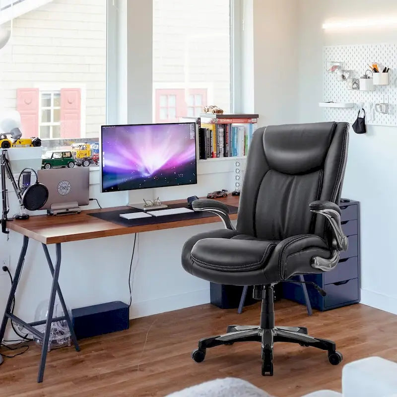 Chaise de bureau à dossier haut en cuir PU marron/noir/ivoire avec accoudoirs relevables, siège large, 1 personne, 181 kg