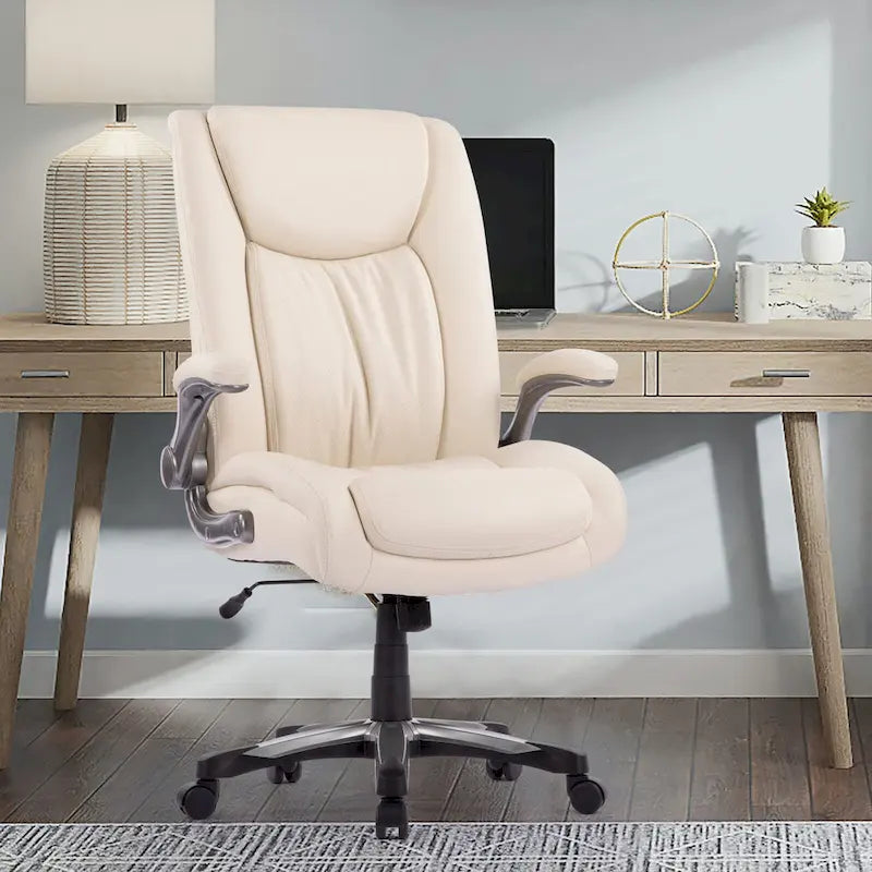 Chaise de bureau à dossier haut en cuir PU marron/noir/ivoire avec accoudoirs relevables, siège large, 1 personne, 181 kg